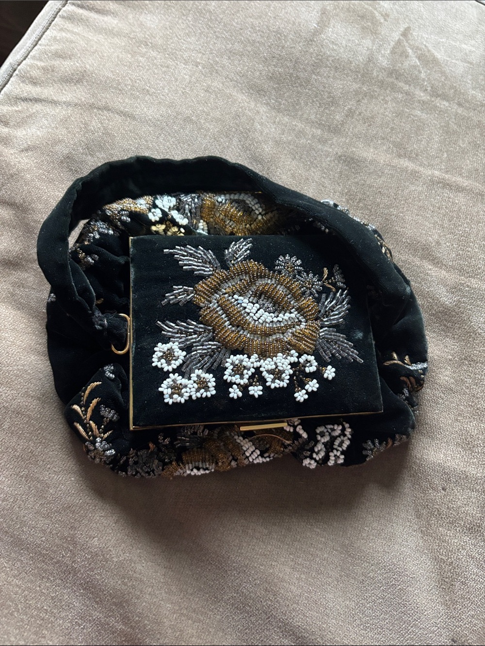 Vintage Beaded Floral Velvet Clutch with Gold Accents